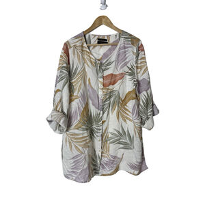 TAHARI 100% Linen Button Down Tunic Top 1X Plus Tropical Floral